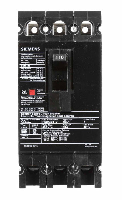Siemens HED43B110 Circuit Breaker | 480V 110A 3P 42kA@480V Lug In Panelboard Sentron Series