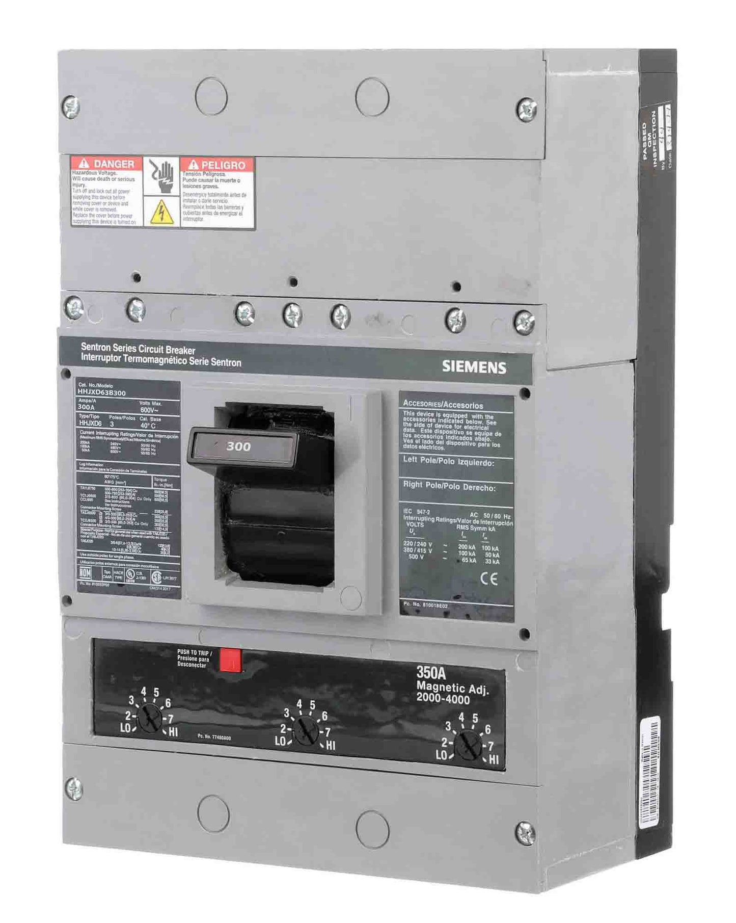 Siemens HHJXD63B300 Molded Case Circuit Breaker | 600V 300A 3P 100kA@480V Bolt-On Sentron Series