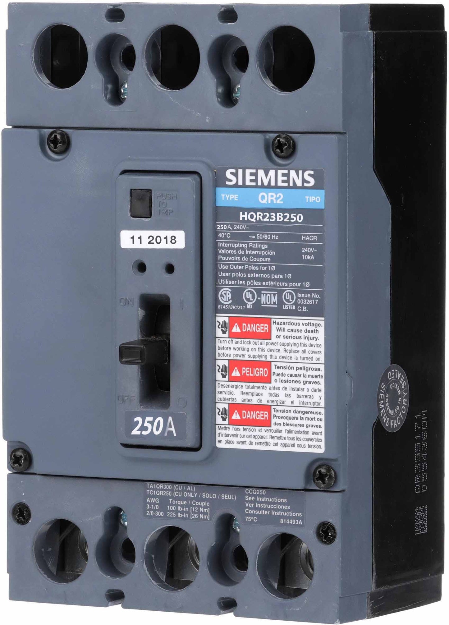 Siemens HQR23B250 Circuit Breaker | 240V 250A 3P 65kA@240V Bolt-On QR Series