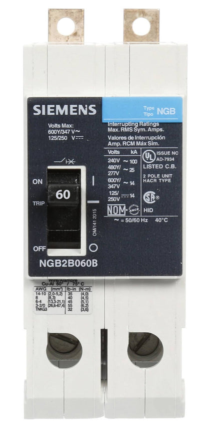 Siemens NGB2B060B Molded Case Circuit Breaker | 600V 60A 2P 25kA@480V Bolt-On VL Series