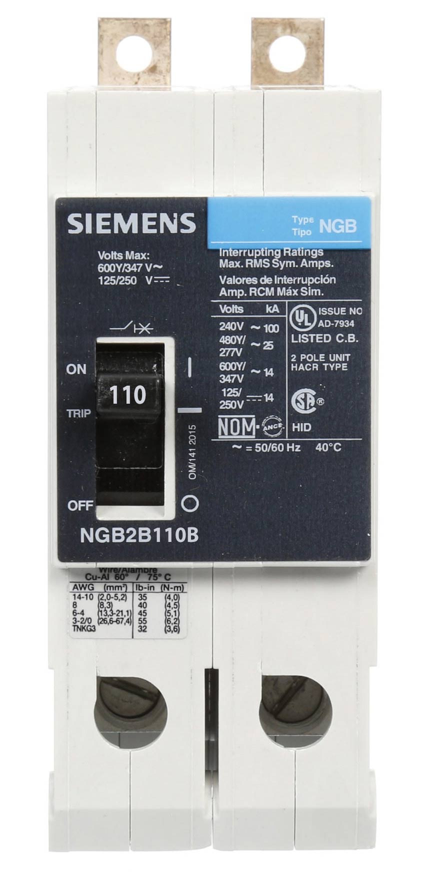 Siemens NGB2B110B Molded Case Circuit Breaker | 600V 110A 2P 25kA@480V Bolt-On VL Series