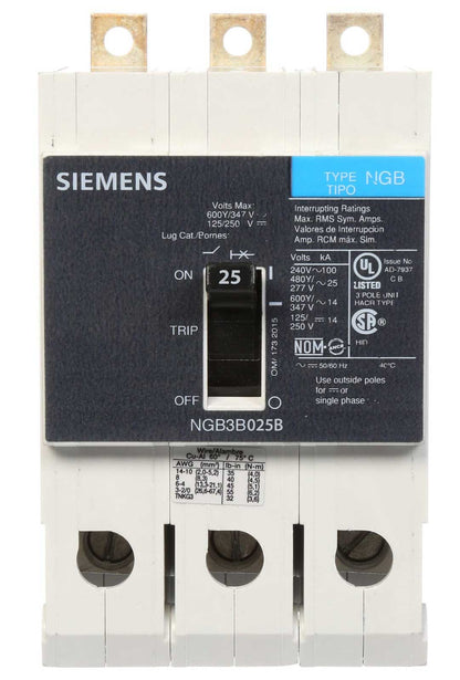 Siemens NGB3B025B Circuit Breaker | 600V 25A 3P 25kA@480V Bolt-On VL Series