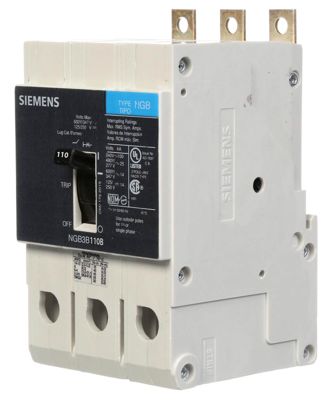 Siemens NGB3B110B Molded Case Circuit Breaker | 600V 110A 3P 25kA@480V Bolt-On VL Series