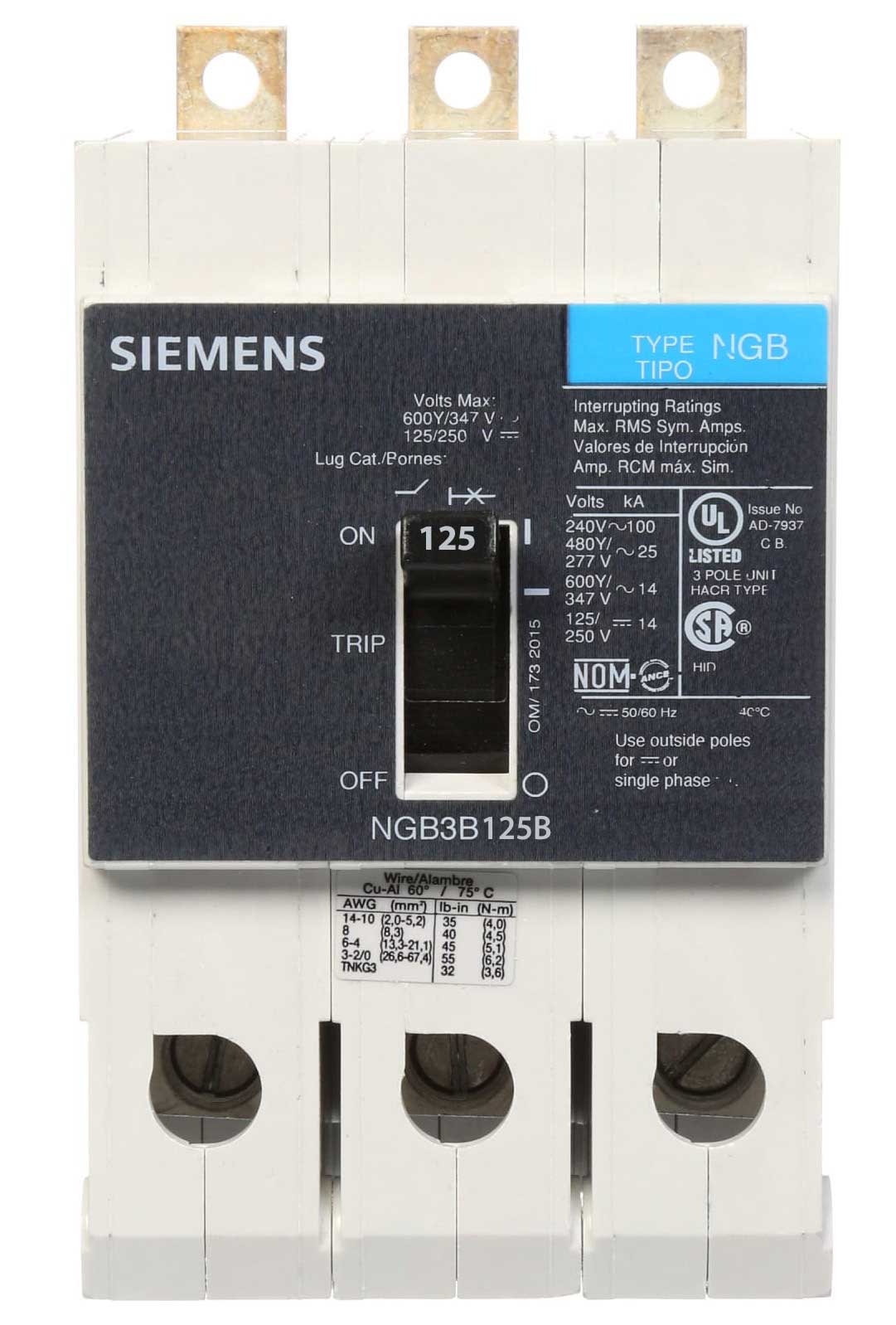 Siemens NGB3B125B Molded Case Circuit Breaker | 600V 125A 3P 25kA@480V Bolt-On VL Series