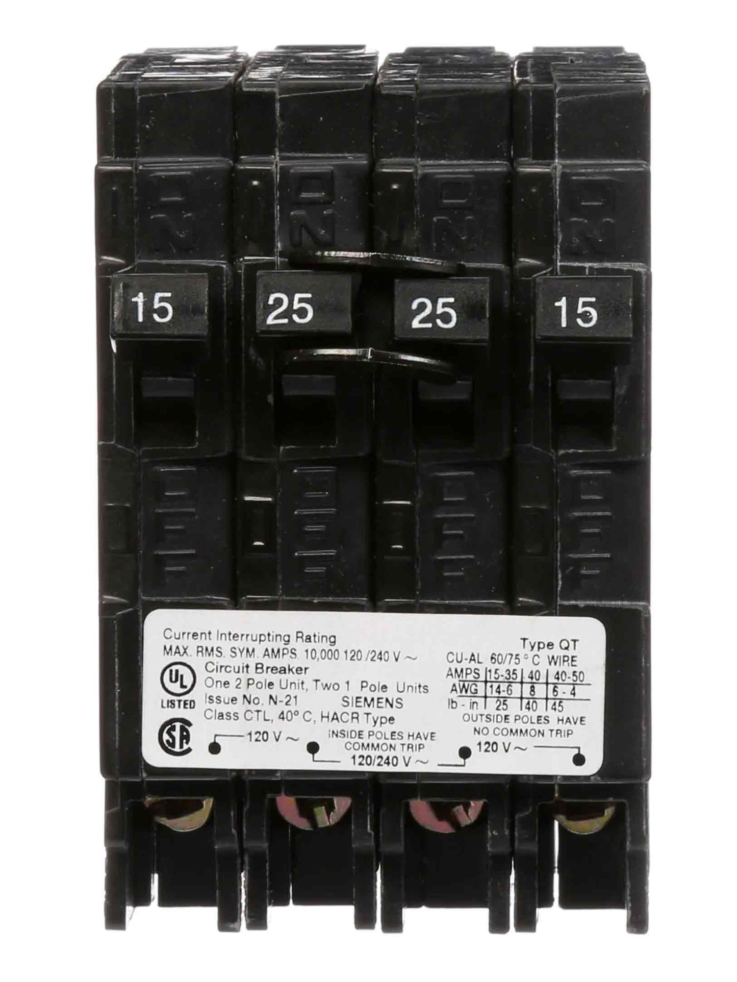 Siemens Q21525CT Circuit Breaker | 240V 25A 2P 10kA@240V Plug-In Q Series