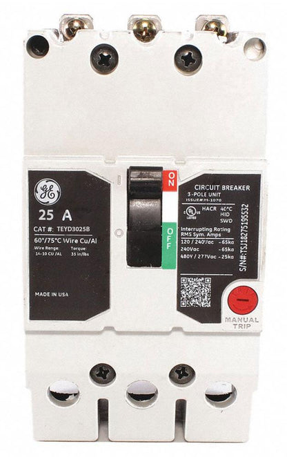 General Electric TEYD3025B Circuit Breaker | 480V 25A 3P 25kA@480V Bolt-on TEYD Series