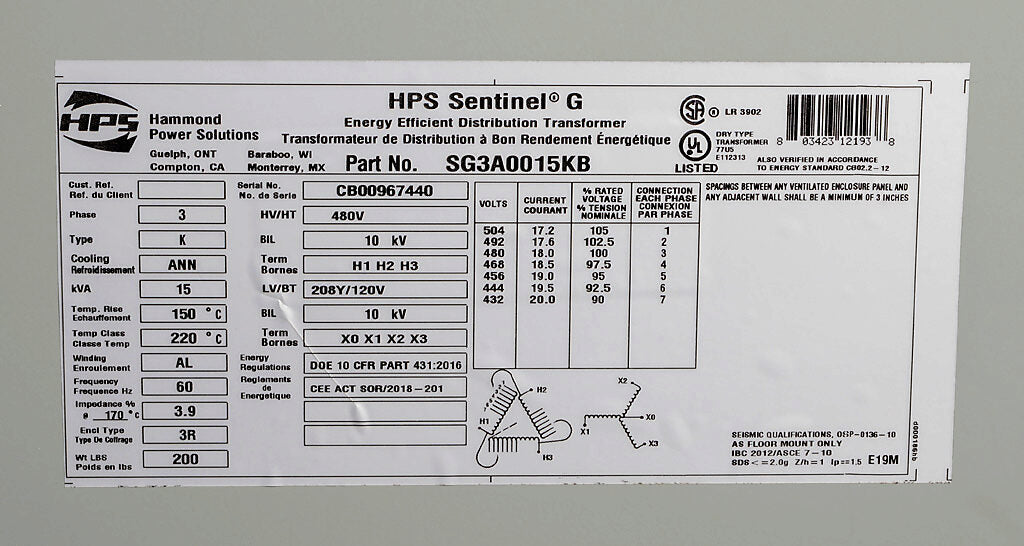 Hammond Power Solutions SG3A0015KB Transformer 15kVA 480D-208Y/120V