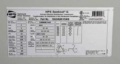 Hammond Power Solutions SG3A0015KB Transformer 15kVA 480D-208Y/120V