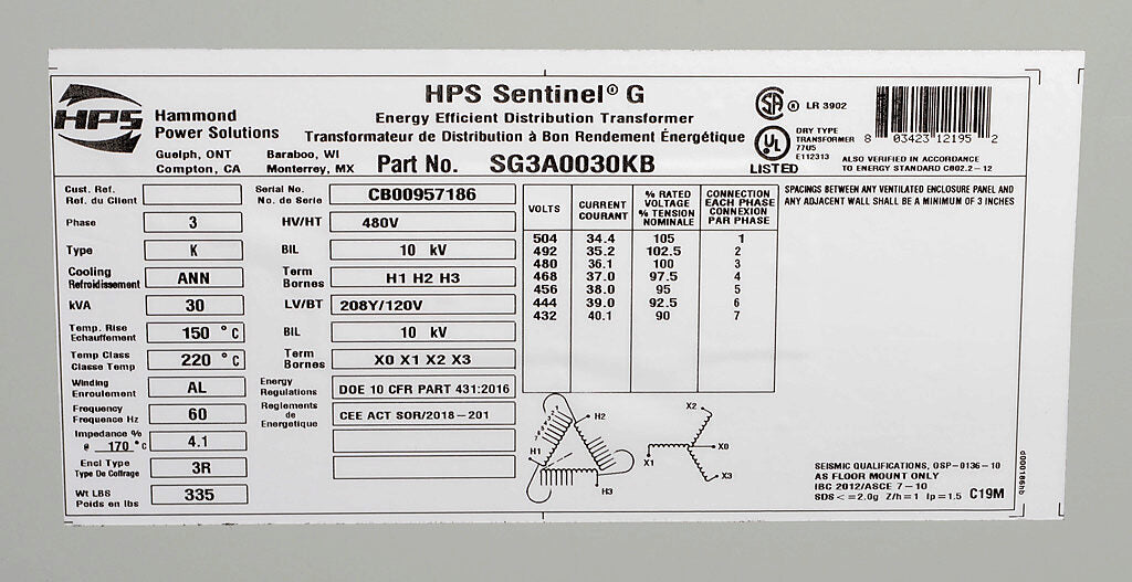 Hammond Power Solutions SG3A0030KB Transformer 30kVA 480D-208Y/120V