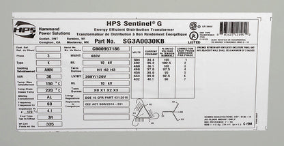 Hammond Power Solutions SG3A0030KB Transformer 30kVA 480D-208Y/120V