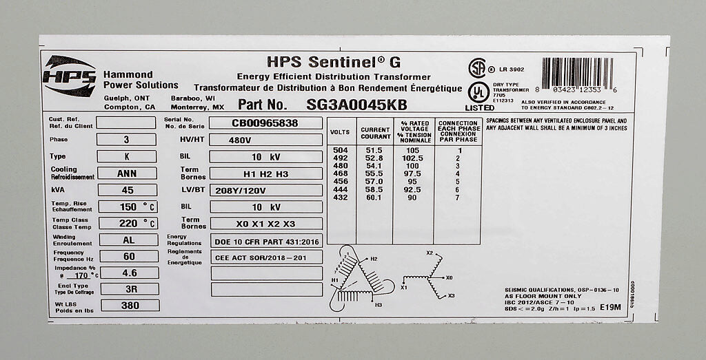 Hammond Power Solutions SG3A0045KB Dry Type Transformer 45 kVA 480D-208Y/120V Sentinel G