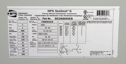 Hammond Power Solutions SG3A0045KB Dry Type Transformer 45 kVA 480D-208Y/120V Sentinel G