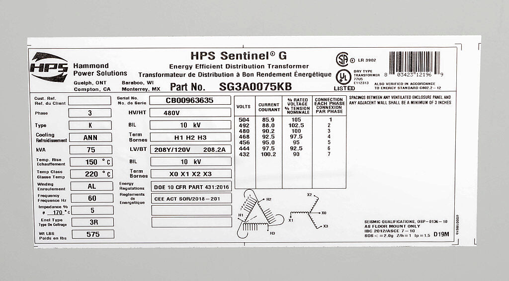 Hammond Power Solutions SG3A0075KB Dry-Type Transformer | 75 kVA 480D-208Y/120V 3-Phase Sentinel G