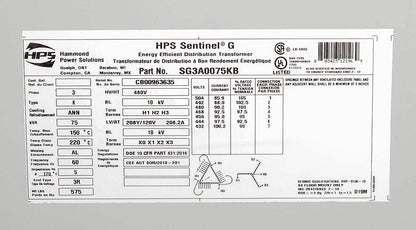 Hammond Power Solutions SG3A0075KB Dry-Type Transformer | 75 kVA 480D-208Y/120V 3-Phase Sentinel G