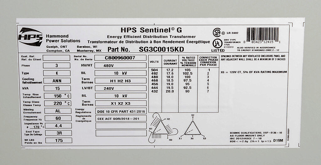 Hammond Power Solutions SG3C0015KD Transformer 15 kVA 480D-240/120V