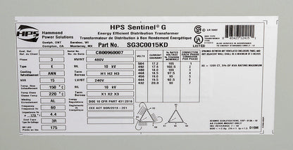 Hammond Power Solutions SG3C0015KD Transformer 15 kVA 480D-240/120V