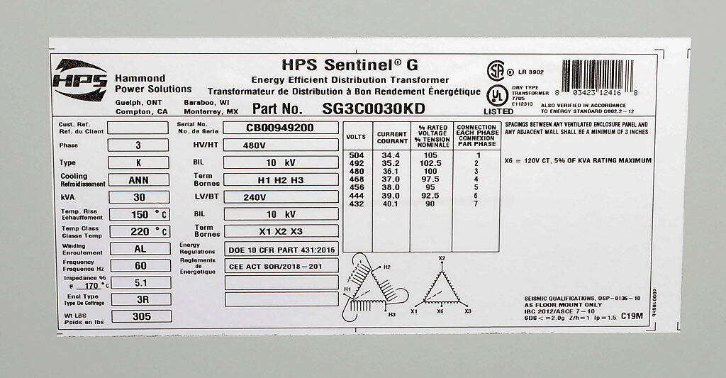 Hammond Power Solutions SG3C0030KD Transformer | 3-Phase 30 kVA 480D-240/120V