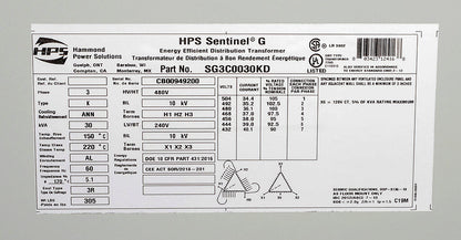 Hammond Power Solutions SG3C0030KD Transformer | 3-Phase 30 kVA 480D-240/120V