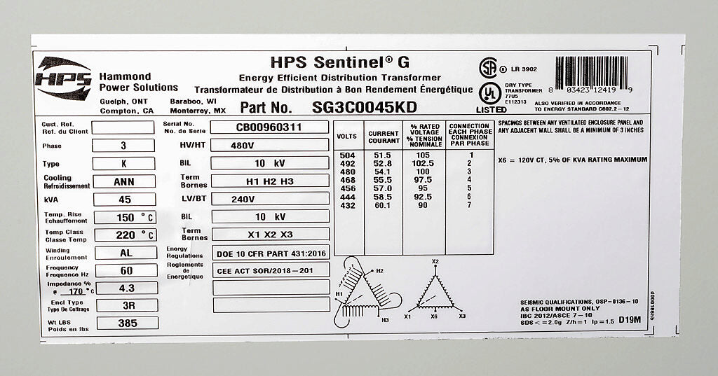 Hammond Power Solutions SG3C0045KD Transformer | 45kVA 3-Phase 480D-240/120V Sentinel G