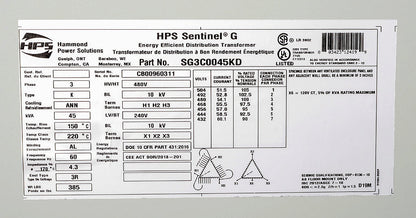 Hammond Power Solutions SG3C0045KD Transformer | 45kVA 3-Phase 480D-240/120V Sentinel G