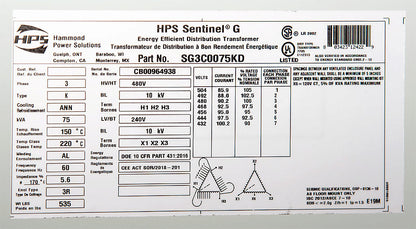 Siemens SG3C0075KD Distribution Equipment | 3 Phase 480D Delta 240/120 75kVA Sentinel G