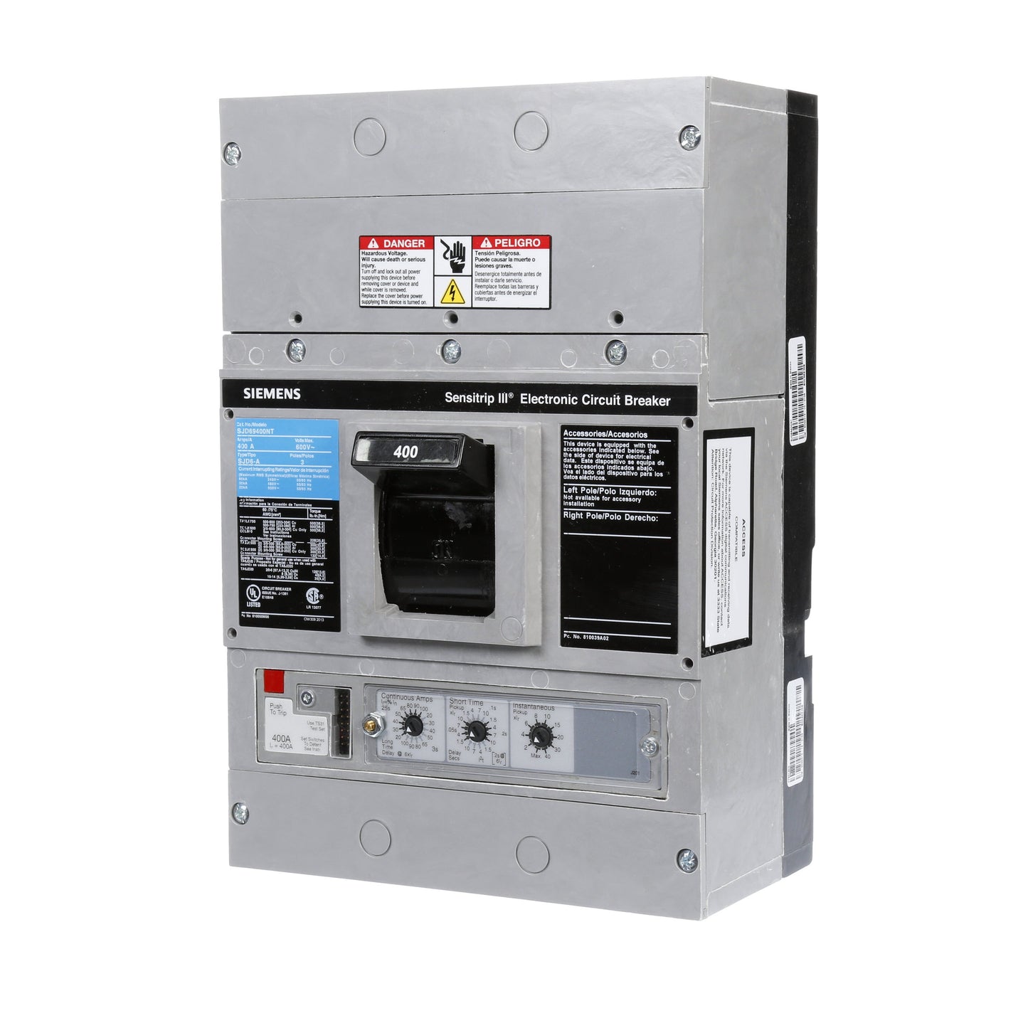 Siemens SJD69400NT Circuit Breaker | 600V 400A 3P 35kA@480V Bolt-On Sentron Series