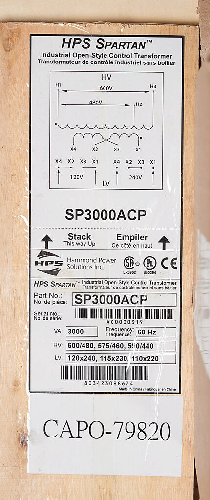 SP3000ACP Transformer | 3.54 kVA 600/480V Primary 120x240V Secondary