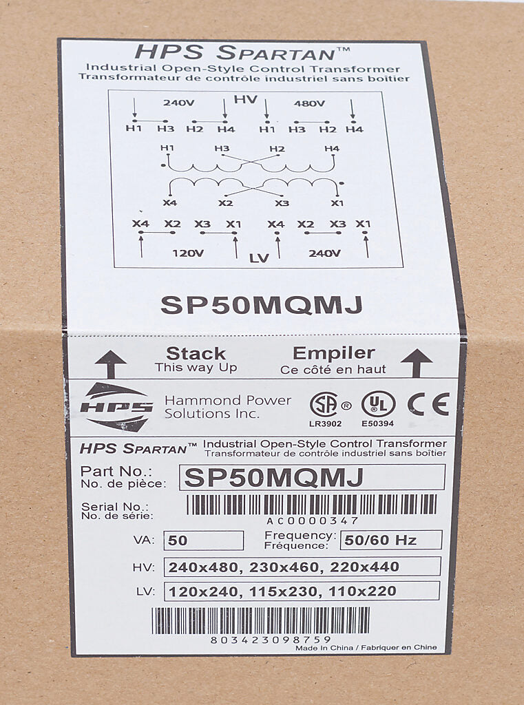 Hammond Power Solutions SP50MQMJ Transformer | 240x480V Input 120x240V Output Seismic Compliant