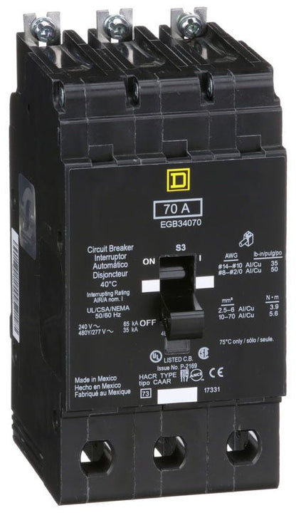 EGB34070 - Square D/ Schneider Electric Bolt-On 70 Amp 3 Pole Circuit Breaker - Essential Electric Supply