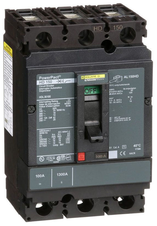 HDL36100 - Square D/ Schneider Electric Feed-Thru 100 Amp 3 Pole Circuit Breaker - Essential Electric Supply