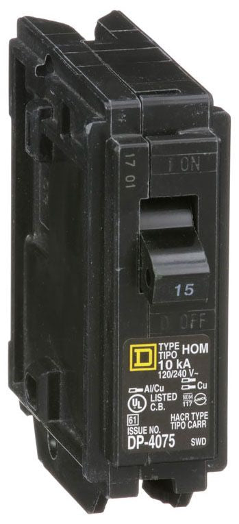 Square D HOM115 Circuit Breaker | 120/240V 15A 1P 10kA@120V Plug-In HOMELINE