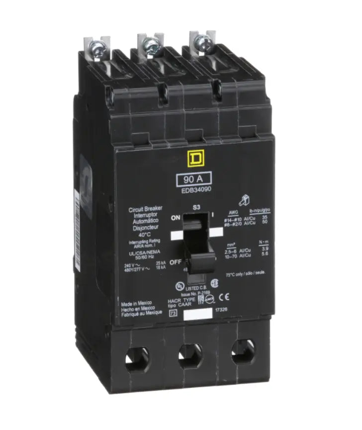 EDB34090 - Schneider Electric/ Square D Bolt-On 90 Amp 3 Pole Circuit Breaker - Essential Electric Supply