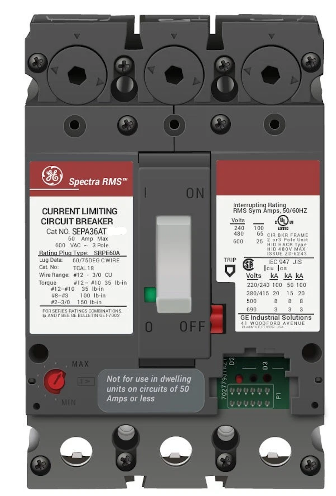 General Electric SEPA36AT1080C Circuit Breaker | 600V 80A 3P 100kA@480V Bolt-On Spectra Series