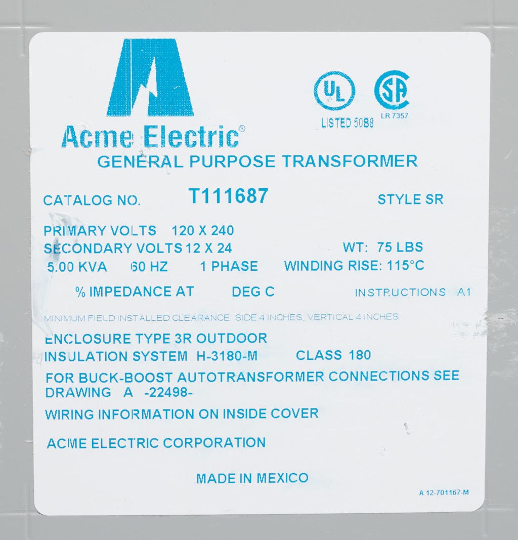 Acme Electric T111687 Transformer | 1 Phase 240 X 480V 5KVA 24/48V Buck Boost