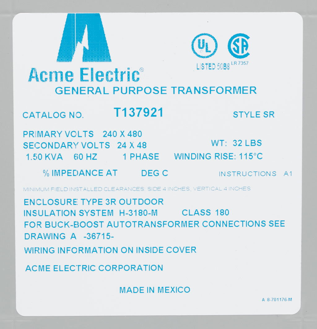Acme Electric T137921 Transformer