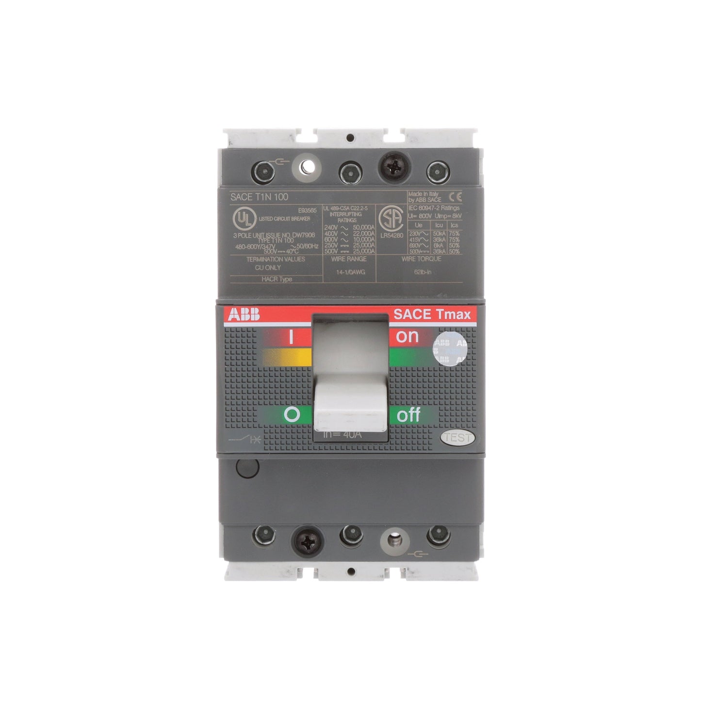 ABB T1N040TL Circuit Breaker | 600V 40A 3P 22kA@480V Feed-Thru SACE Tmax T1N