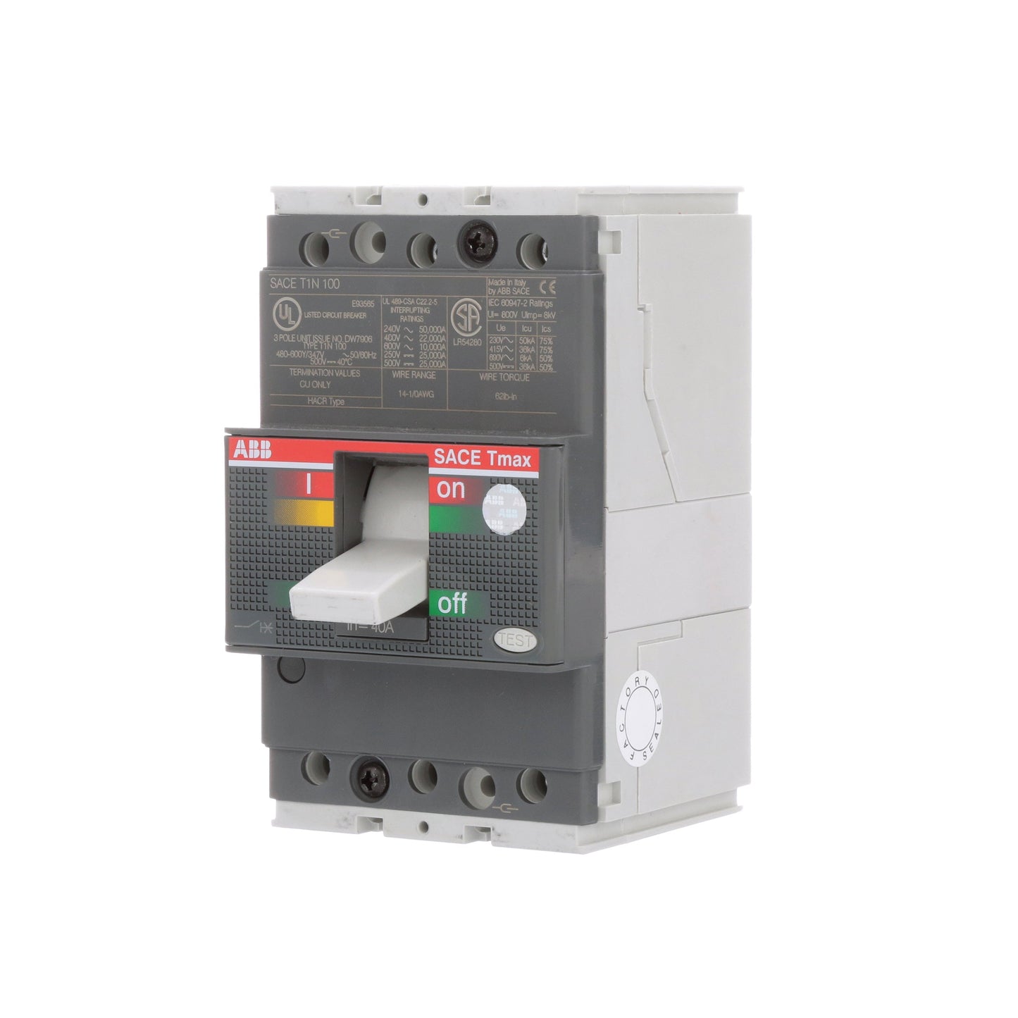 ABB T1N040TL Circuit Breaker | 600V 40A 3P 22kA@480V Feed-Thru SACE Tmax T1N