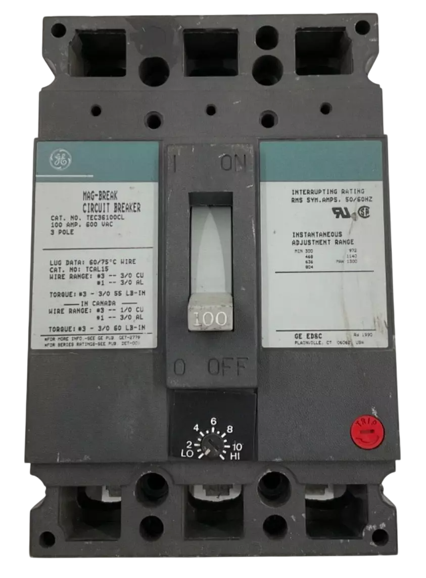 General Electric TEC36100 Circuit Breaker | 600V 100A 3P 10kA@480V Feed-Thru Mag-Break