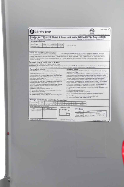 General Electric TGN3322R Disconnect Switch | 240V 60A 3P Non-Fusible Spec-Setter