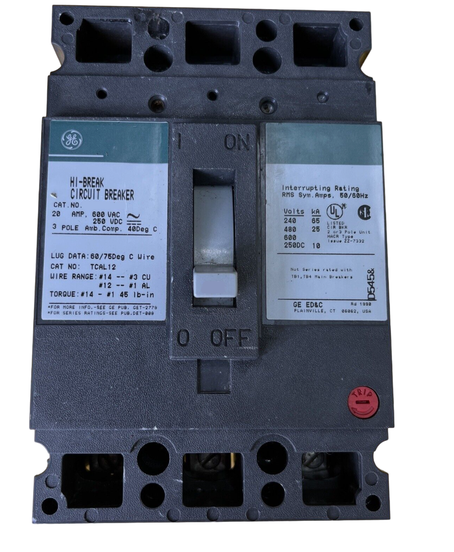 THED136020V - General Electric Bolt-On 600V 20A 3 pole circuit breaker 25kA@480V - Essential Electric Supply