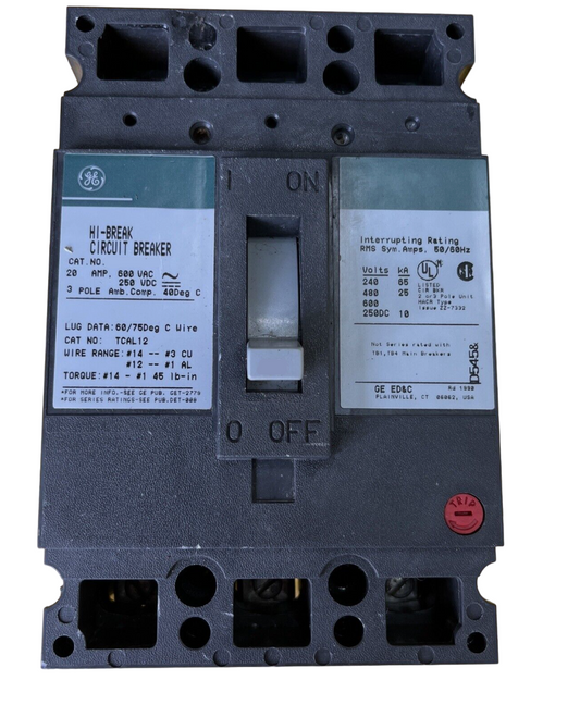 THED136020V - General Electric Bolt-On 600V 20A 3 pole circuit breaker 25kA@480V - Essential Electric Supply