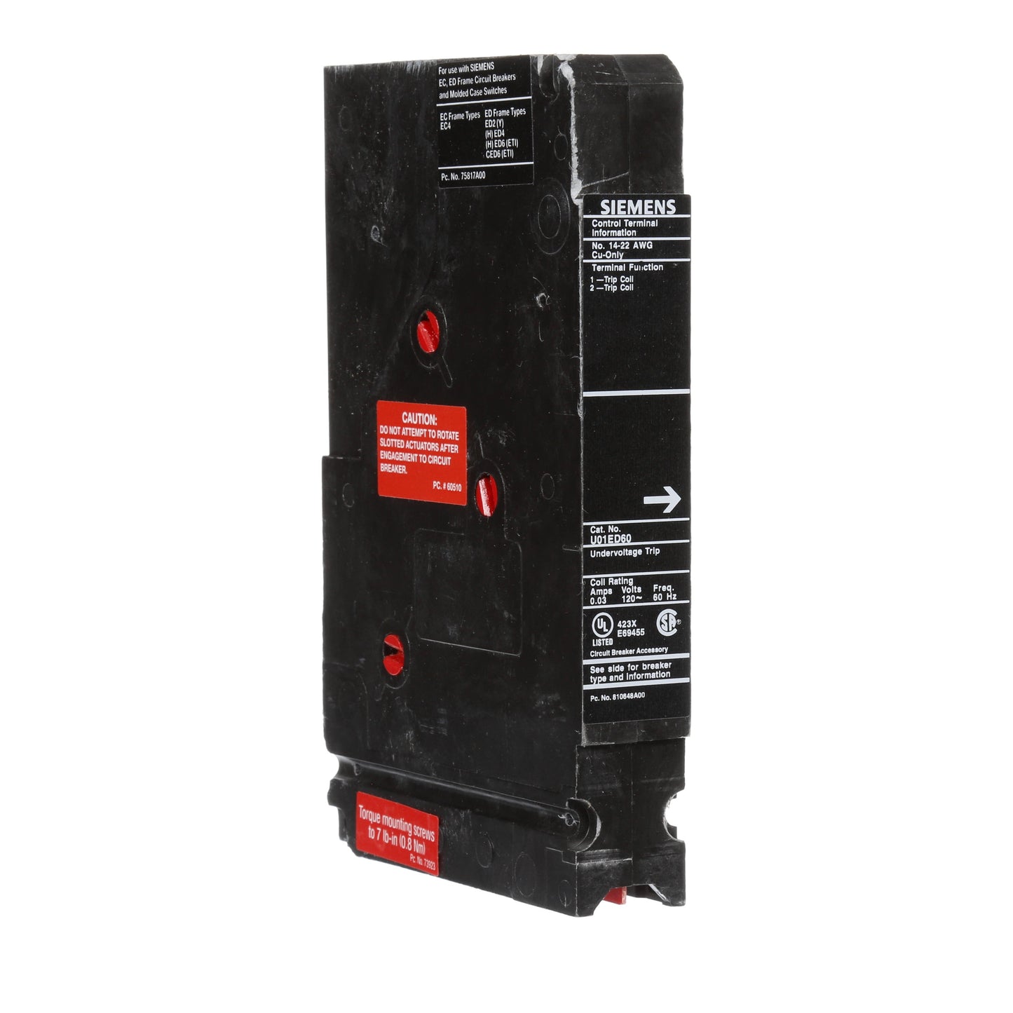 Siemens U01ED60 Circuit Breaker Under Voltage Release | 120V Sentron Series