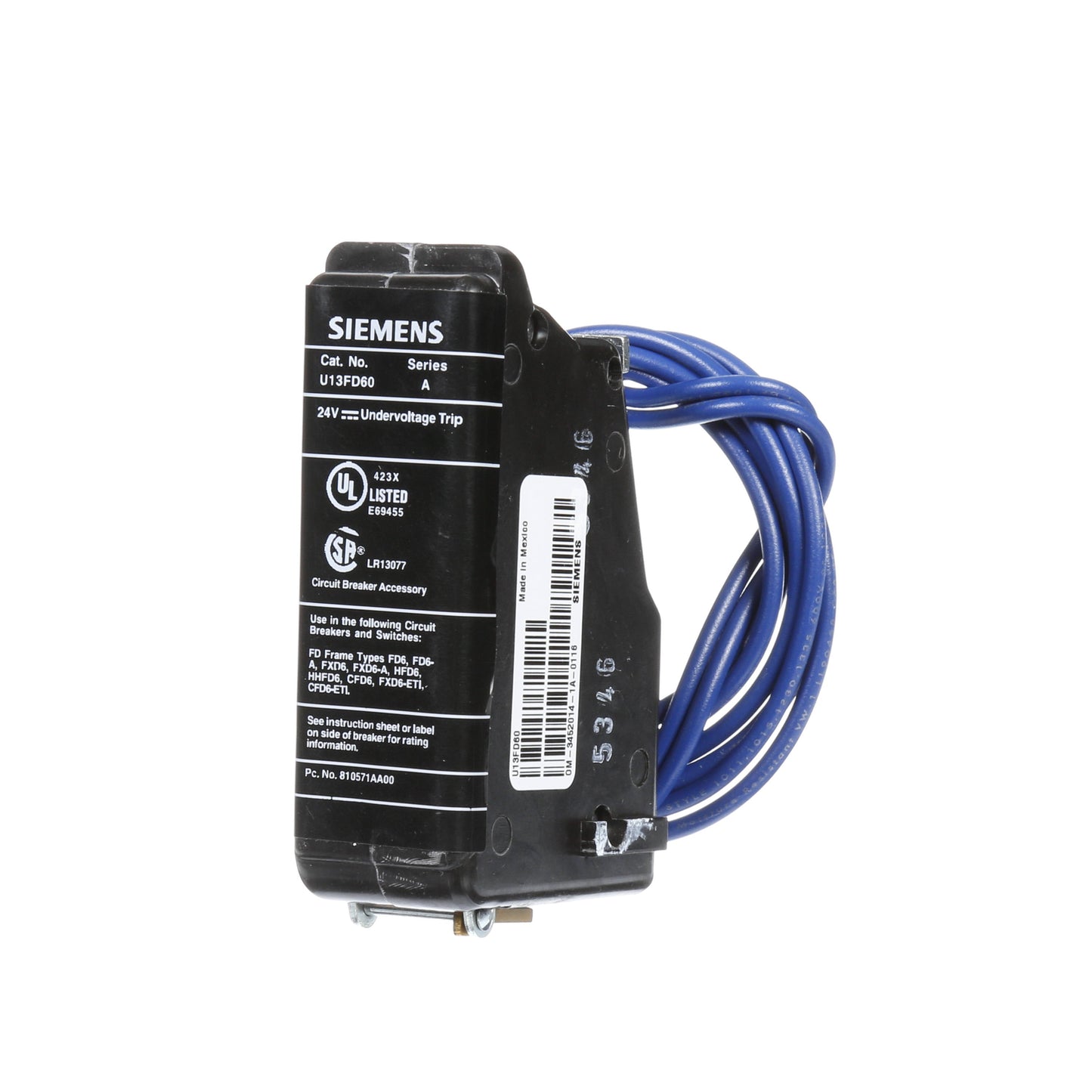 Siemens U13FD60 Circuit Breaker Under Voltage Release 24V Sentron Series