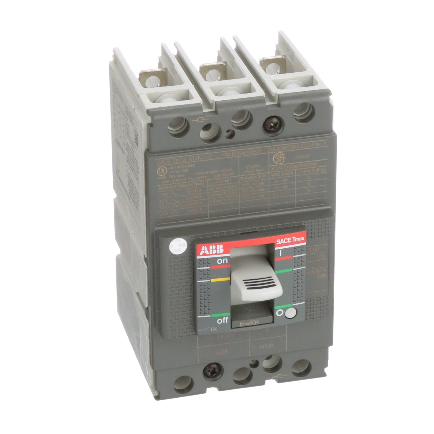 ABB XT1NU3080AFF000XXX Circuit Breaker | 600V 80A 3P 25kA@480V Bolt-On SACE Tmax XT