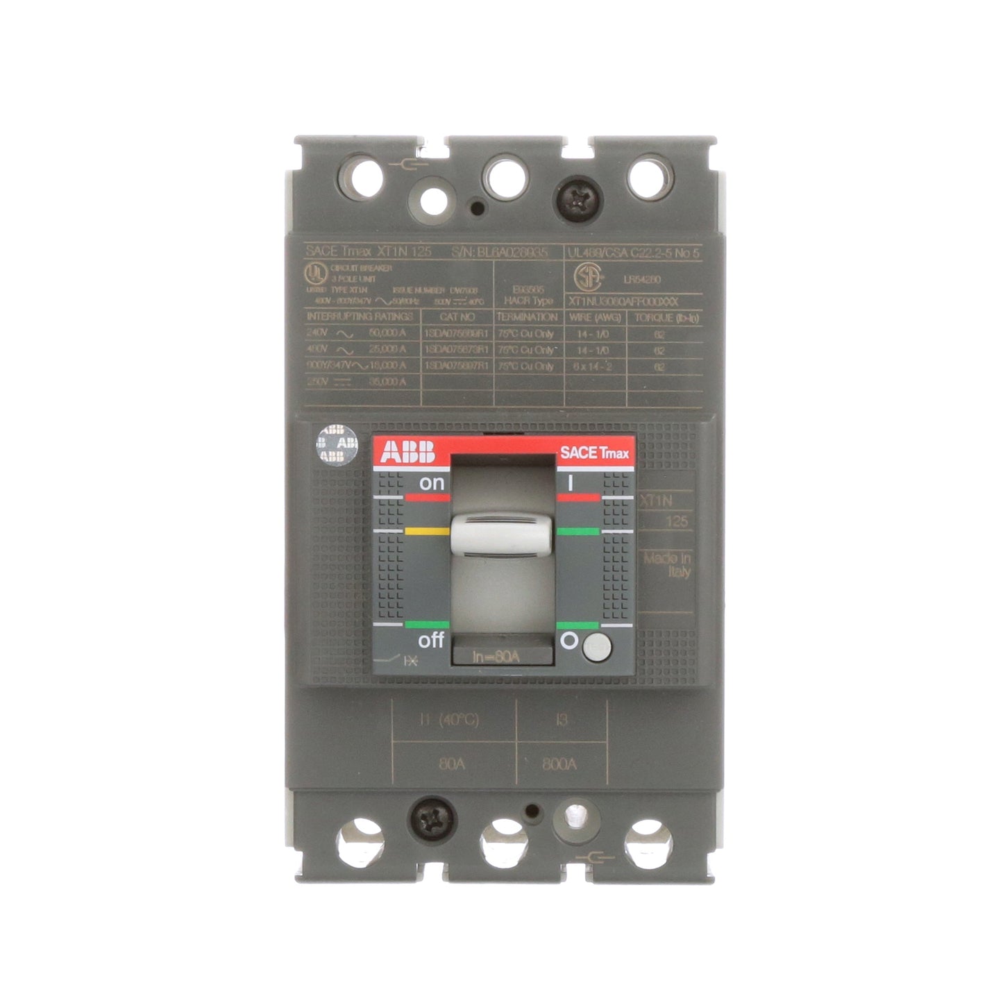 ABB XT1NU3080AFF000XXX Circuit Breaker | 600V 80A 3P 25kA@480V Bolt-On SACE Tmax XT