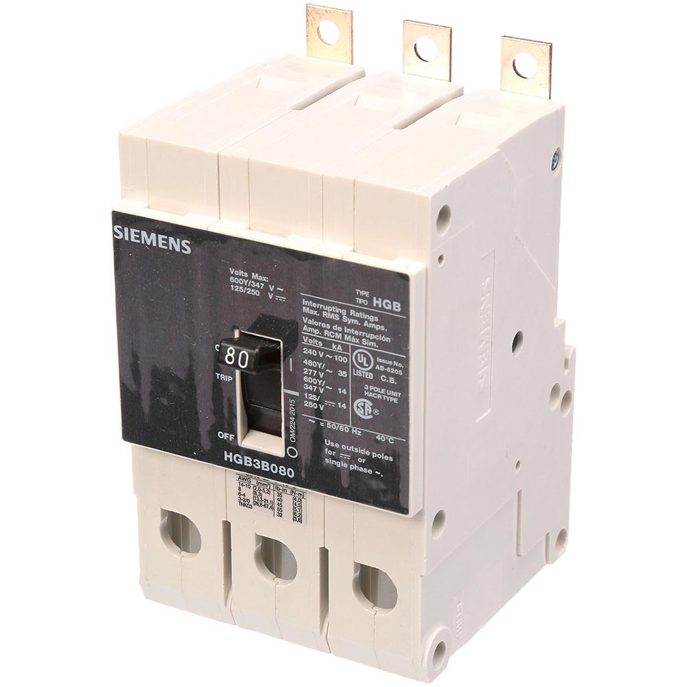 Siemens HGB3B080B Molded Case Circuit Breaker | 600V 80A 3P 100kA@240V Bolt-On VL Series