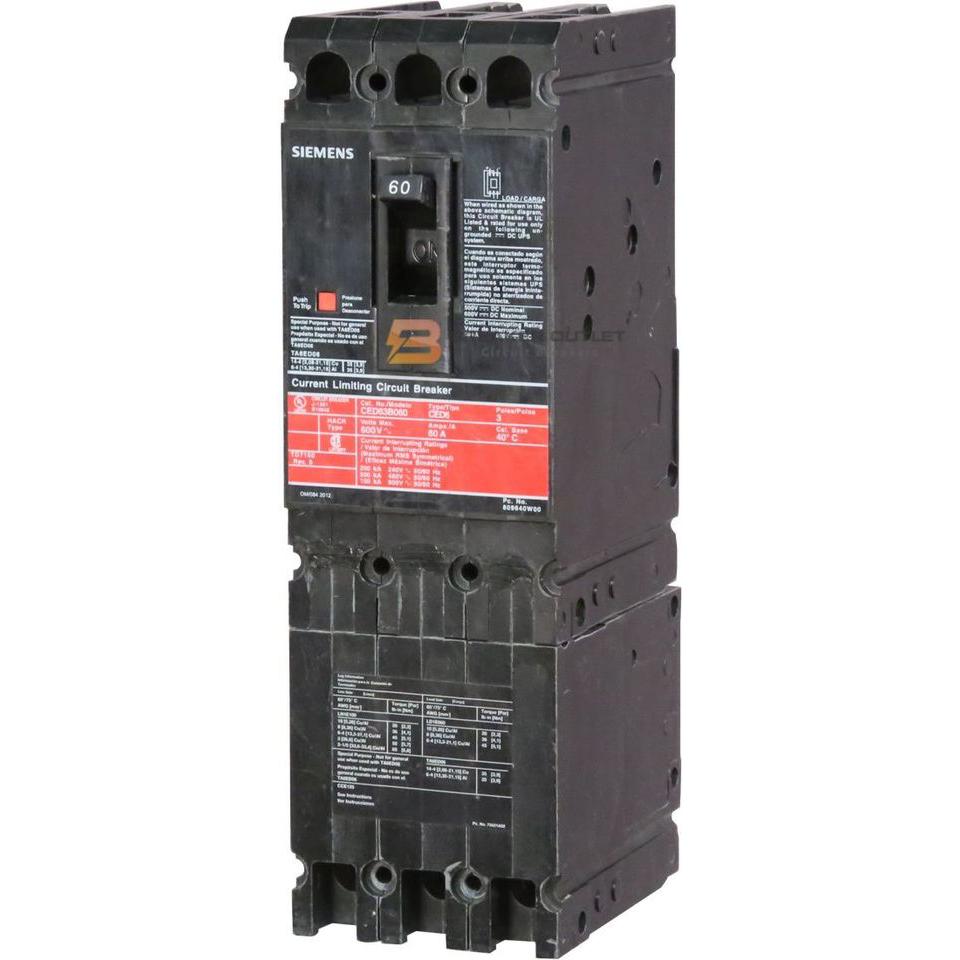 Siemens CED63B090 Circuit Breaker | 600V 90A 3P Bolt-On 200kA@480V Sentron Series