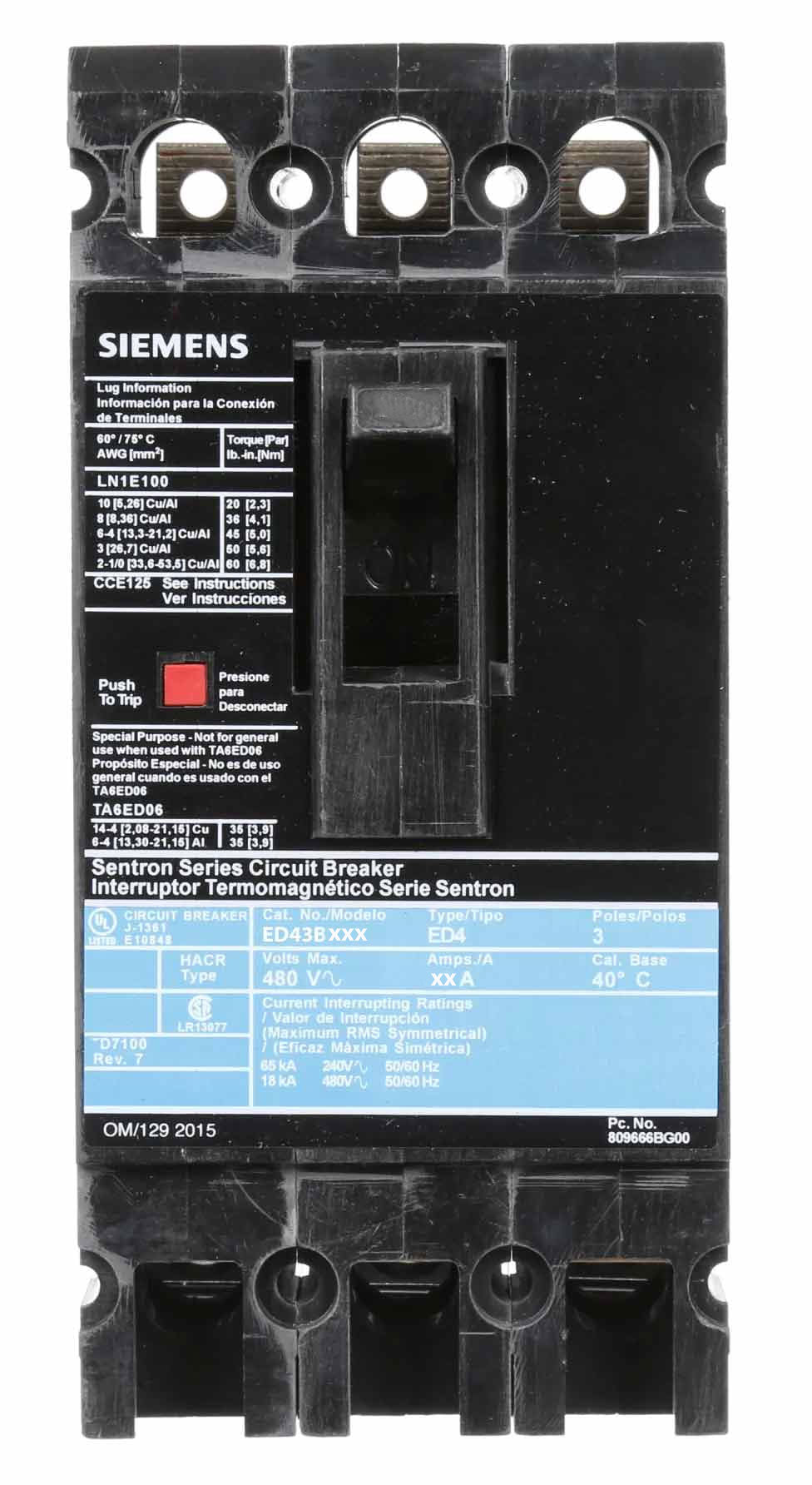 Siemens ED43B110L Circuit Breaker | 480V 110A 3P 18kA@480V Feed-Thru Sentron Series