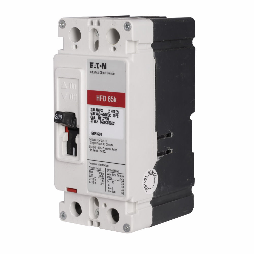Eaton HFD2020L Molded Case Circuit Breaker | 600V 20A 2P 65kA@480V Feed-Thru Series C