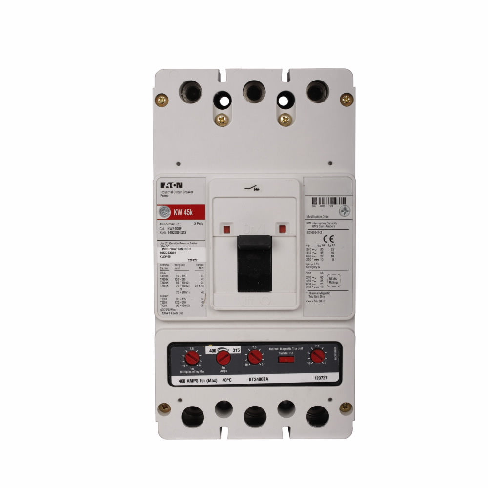 KW3400 - Eaton/ Cutler Hammer/ Westinghouse Feed-Thru 400 Amp 3 Pole Circuit Breaker - Essential Electric Supply
